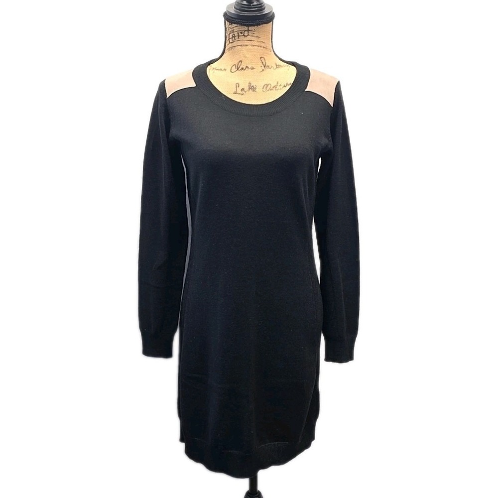 M. Rena Sweater Dress sz S Black Beige Shoulder Patch Wool Blend Minimalist Chic